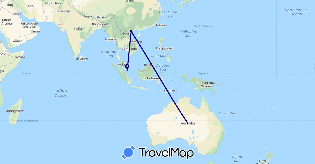 TravelMap itinerary: driving in Australia, Singapore, Vietnam (Asia, Oceania)